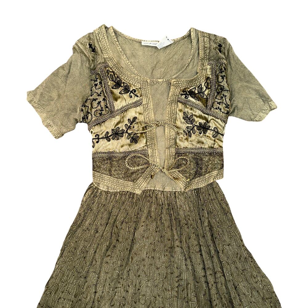 Vintage 100% Rayon Olive Embroidered Boho Lagenlook Prairie Maxi Dress S/M - Picture 5 of 10